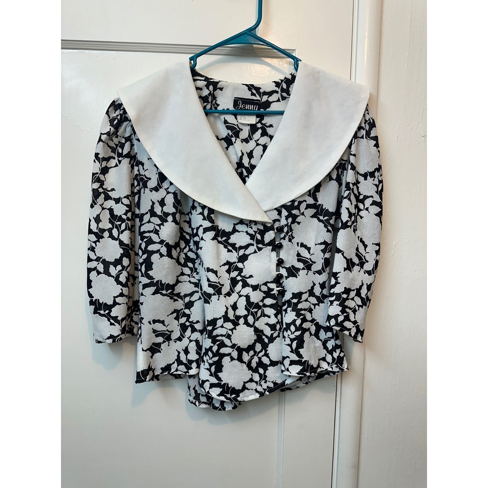 Vintage Jenny Womens Floral Blouse Black White Shawl Collar Button Front Size 12